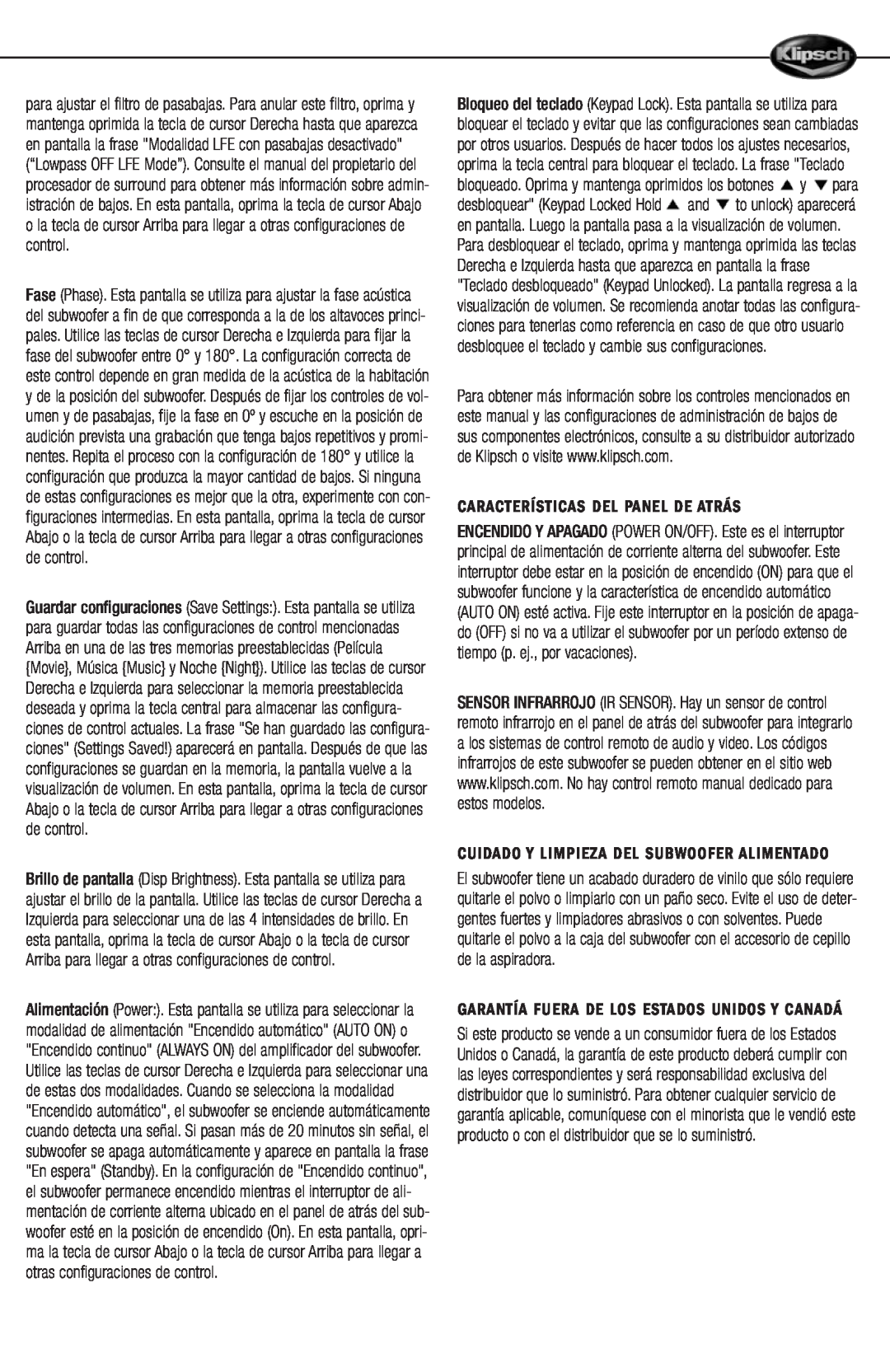 Klipsch 12d manual Características Del Panel De Atrás, Cuidado Y Limpieza Del Subwoofer Alimentado 
