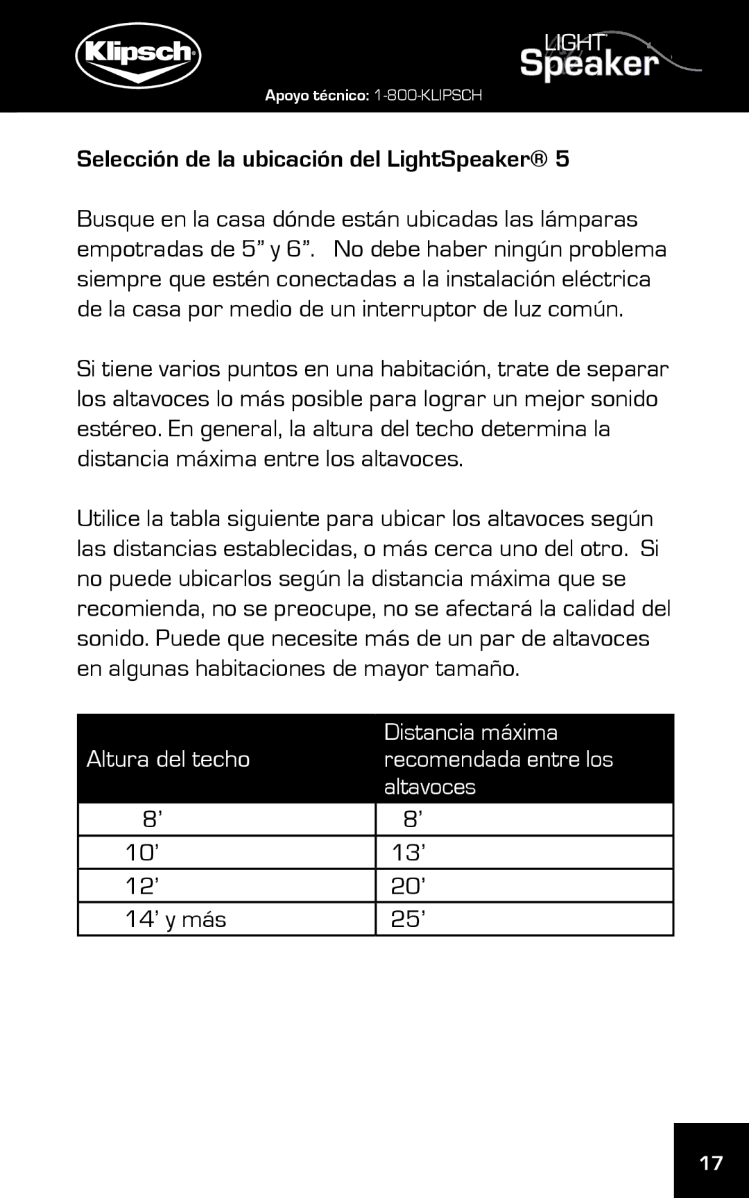 Klipsch 5 Selección de la ubicación del LightSpeaker, Distancia máxima, Altura del techo Recomendada entre los Altavoces 