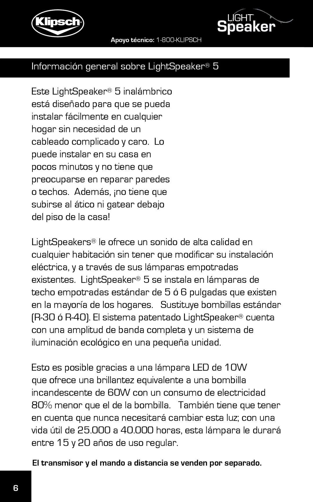 Klipsch 15 manual Información general sobre LightSpeaker 