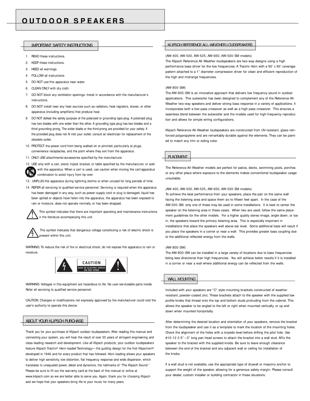 Klipsch Important Safety Instructions, About Your Klipsch Purchase, AW-400, AW-500, AW-525, AW-650, AW-500-SM models 