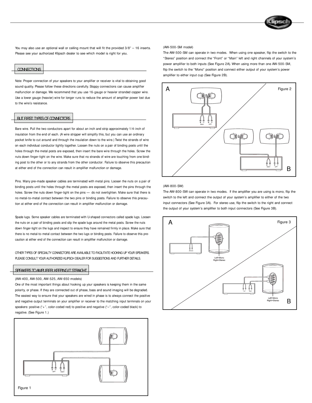 Klipsch But First Types of Connectors, Speakers to Amplifier Keeping IT Straight, AW-400, AW-500, AW-525, AW-650 models 