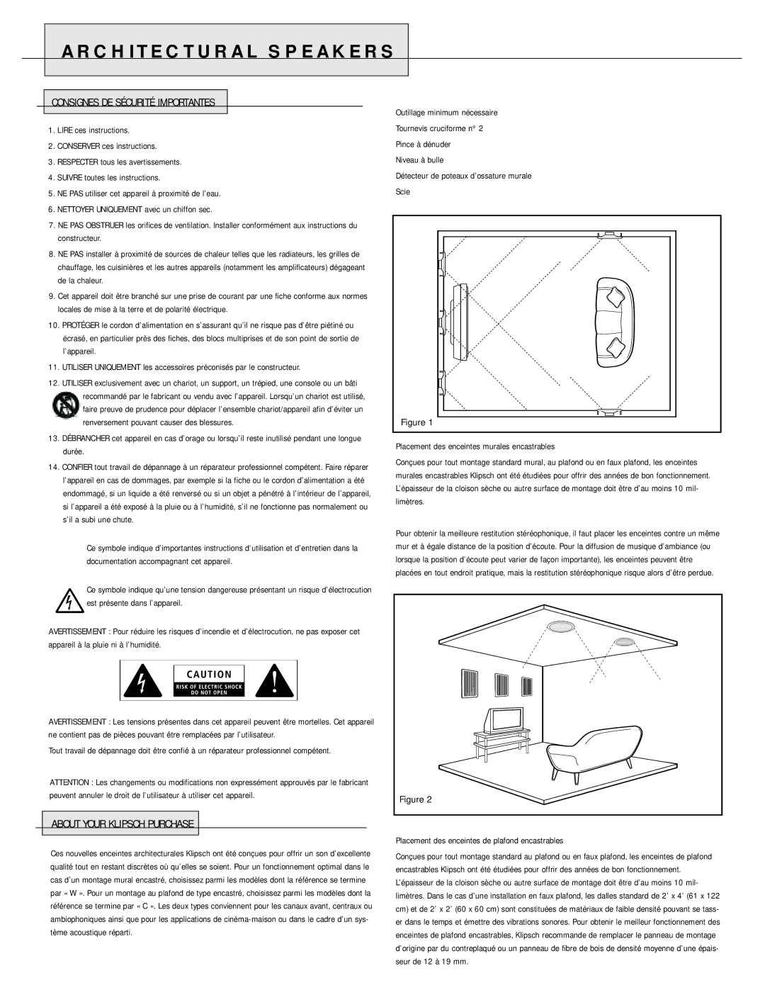 Klipsch 2 owner manual Consignes DE Sécurité Importantes, Placement des enceintes de plafond encastrables 