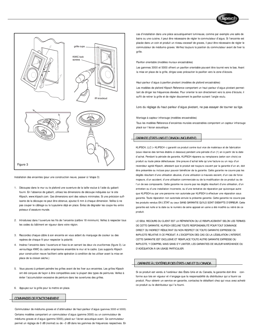 Klipsch 2 owner manual Appuyez sur la grille pour la mettre en place, Commandes DE Fonctionnement 