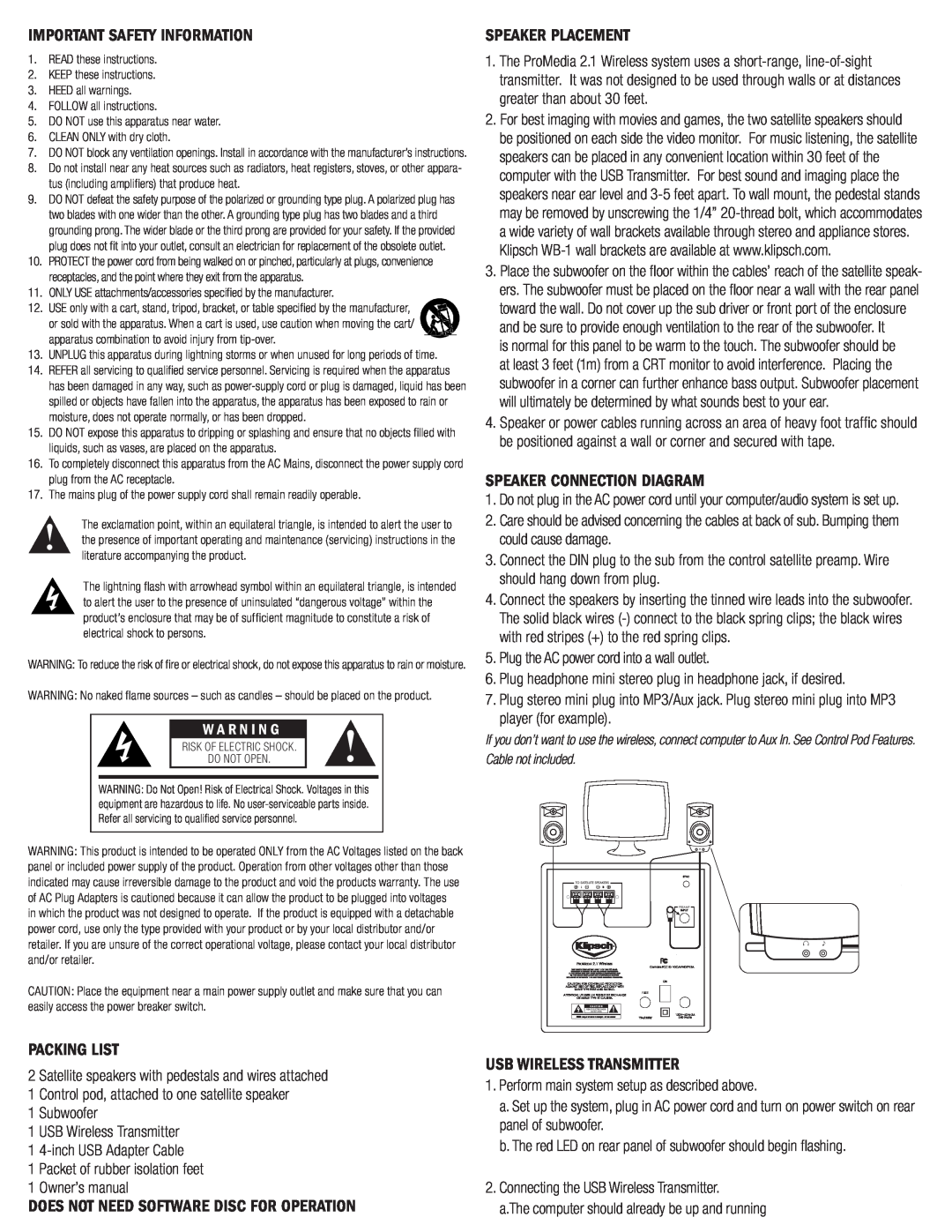 Klipsch 2.1 Important Safety Information, Speaker Placement, Speaker Connection Diagram, Packing List, W A R N I N G 