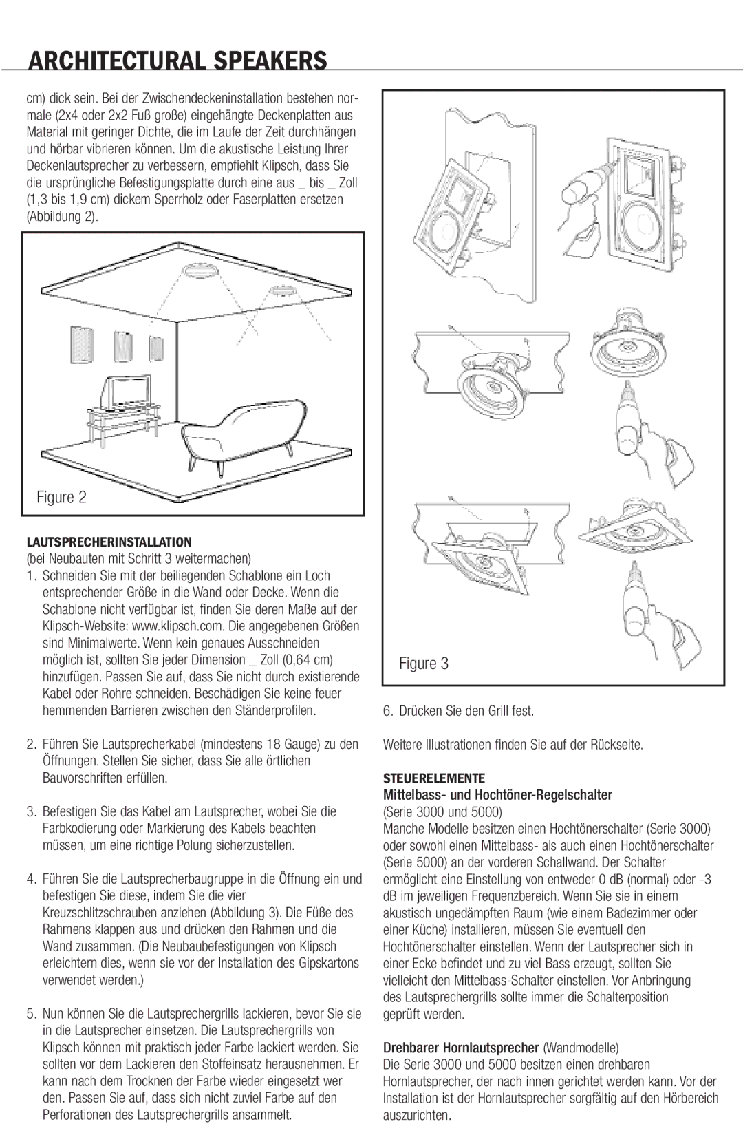 Klipsch ARCHITECTURAL SPEAKERS manual Lautsprecherinstallation, Steuerelemente 