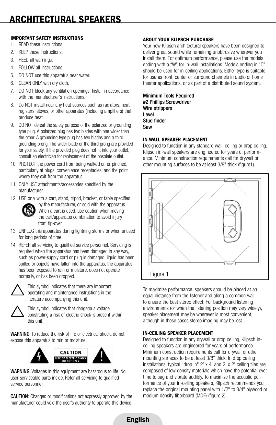 Klipsch ARCHITECTURAL SPEAKERS manual Important Safety Instructions, About Your Klipsch Purchase, Level Stud finder Saw 