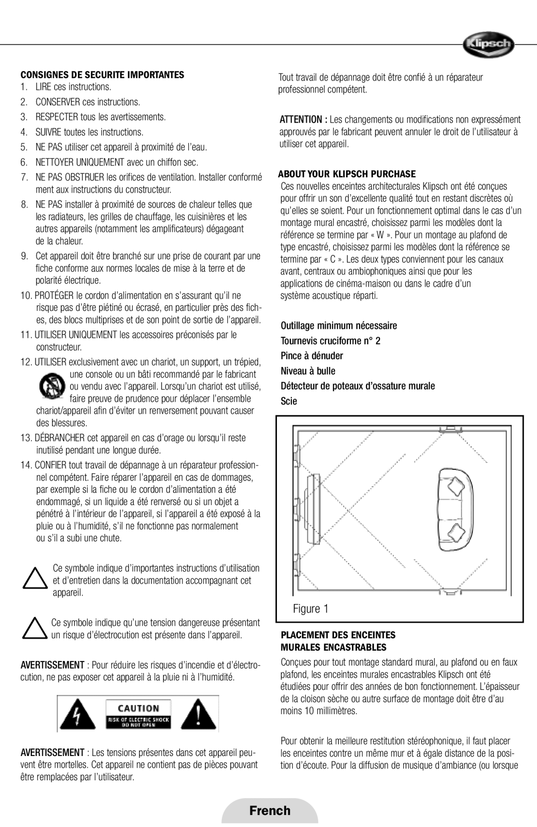 Klipsch ARCHITECTURAL SPEAKERS manual Consignes DE Securite Importantes, Ou s’il a subi une chute 