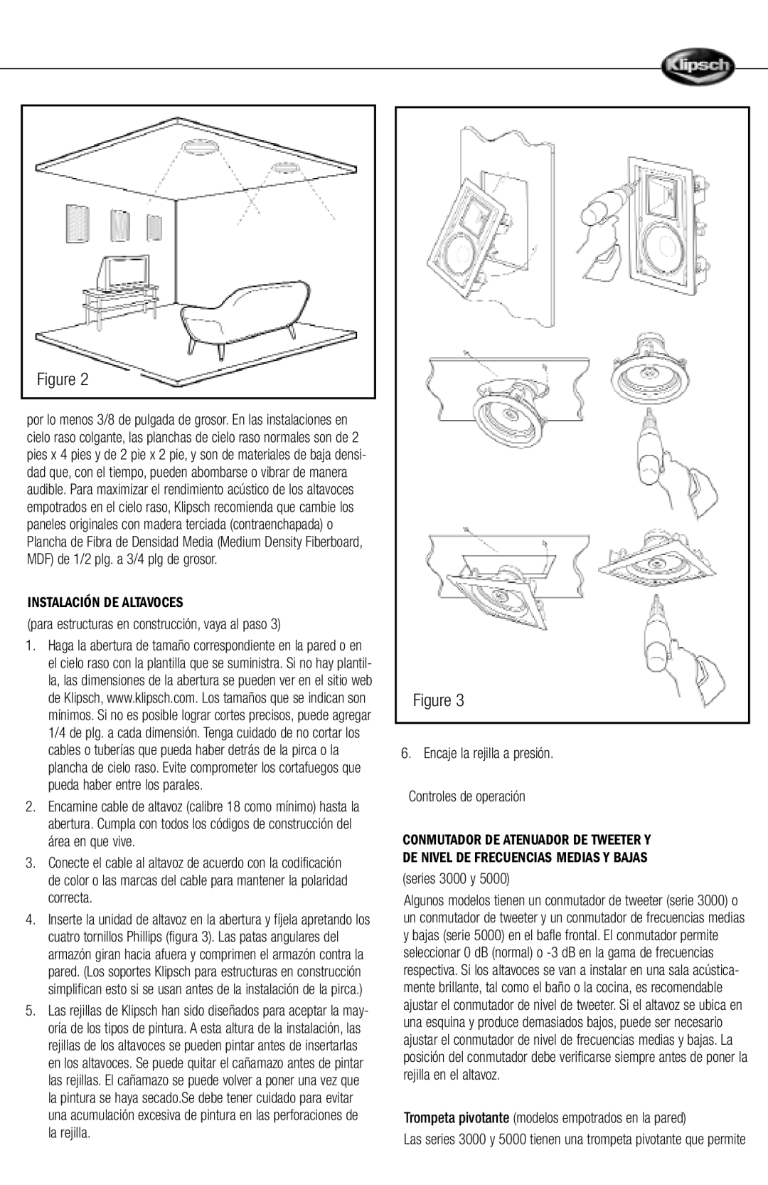 Klipsch ARCHITECTURAL SPEAKERS Instalación DE Altavoces, Para estructuras en construcción, vaya al paso, Series 3000 y 