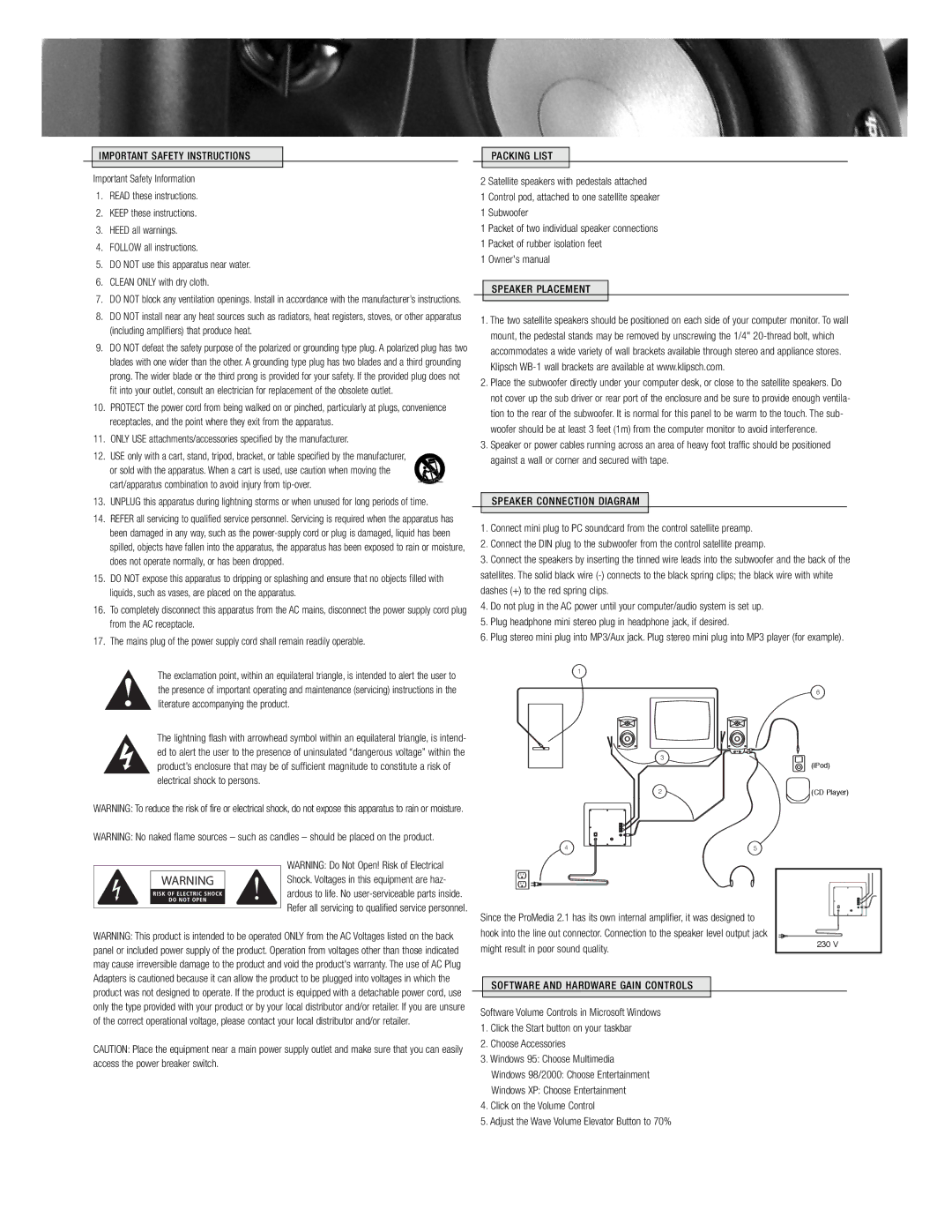 Klipsch AUDIO SYSTEM manual Important Safety Instructions, Packing List, Speaker Placement, Speaker Connection Diagram 