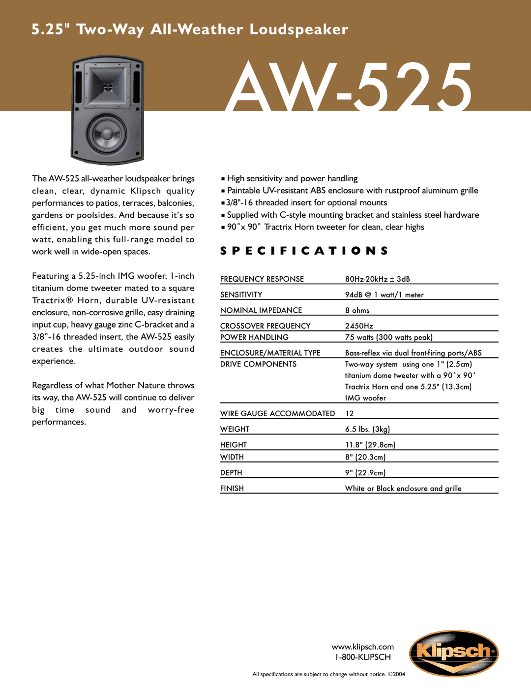 Klipsch AW-525 specifications Specification S 