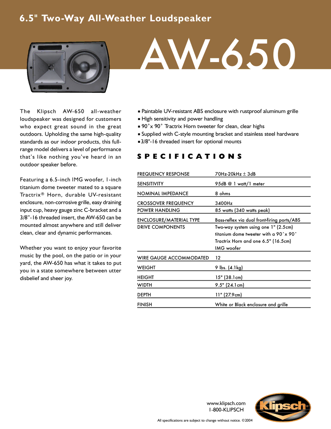 Klipsch AW-650 specifications Specification S 