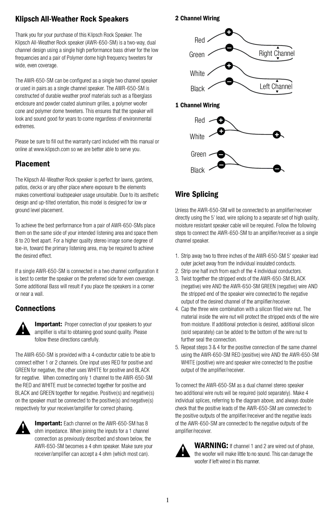 Klipsch AWR-650-SM owner manual Klipsch All-Weather Rock Speakers, Placement, Connections, Wire Splicing 