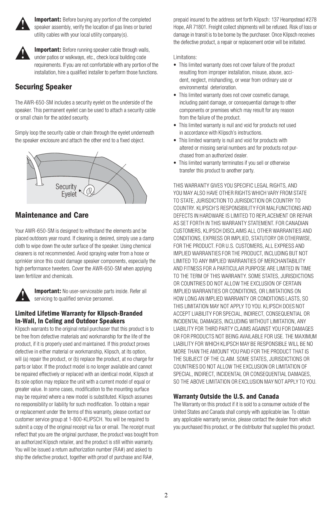 Klipsch AWR-650-SM owner manual Securing Speaker, Maintenance and Care 