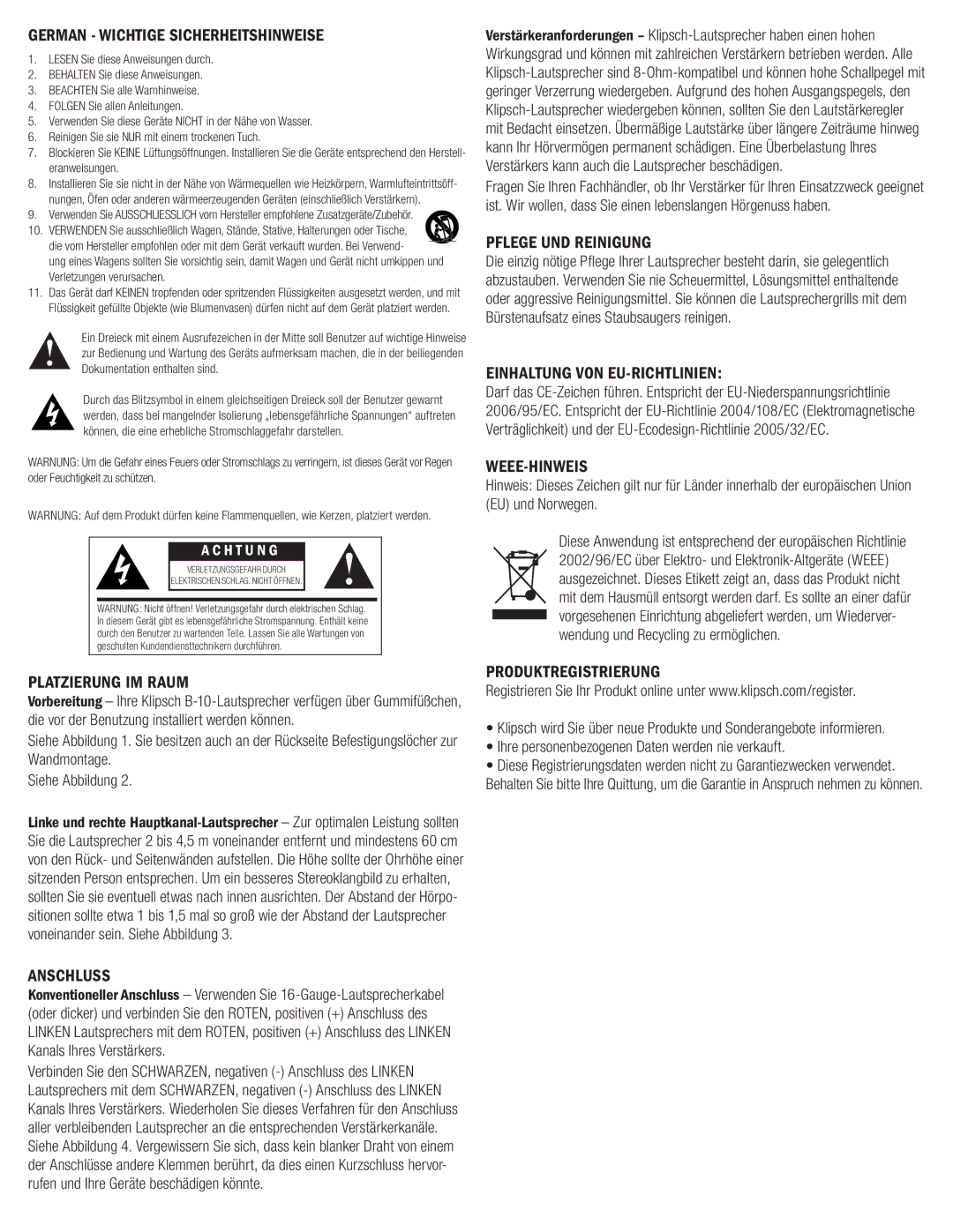 Klipsch B-10 German Wichtige Sicherheitshinweise, Platzierung IM Raum, Anschluss, Pflege UND Reinigung, Weee-Hinweis 