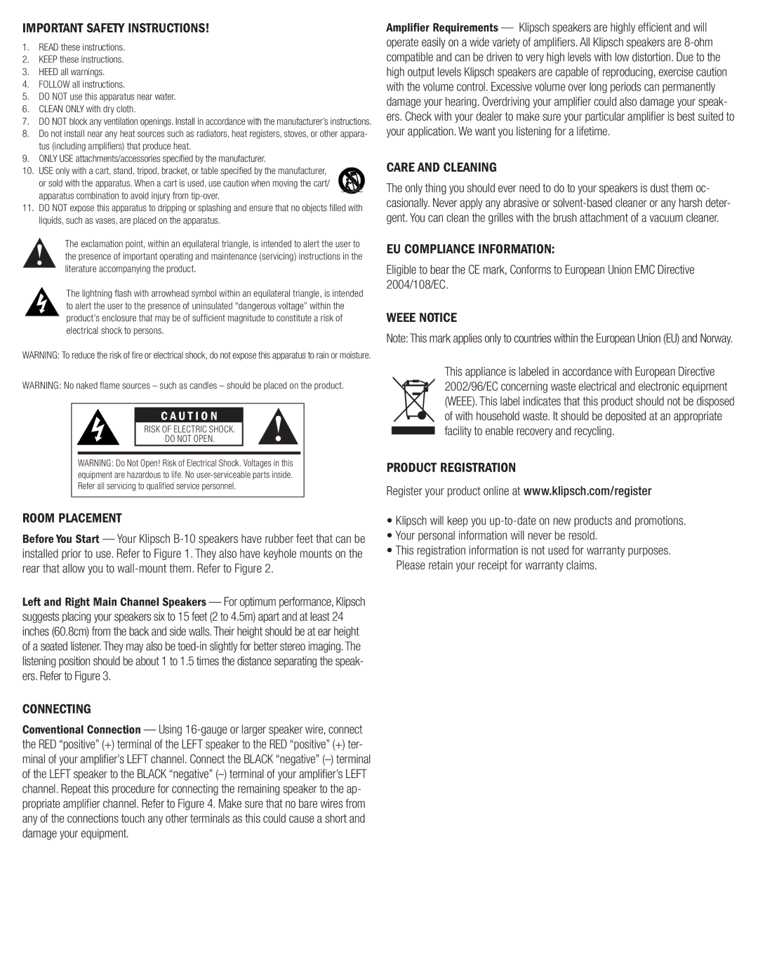 Klipsch B-10 Important Safety Instructions, Room Placement, Connecting, Care and Cleaning, EU Compliance Information 