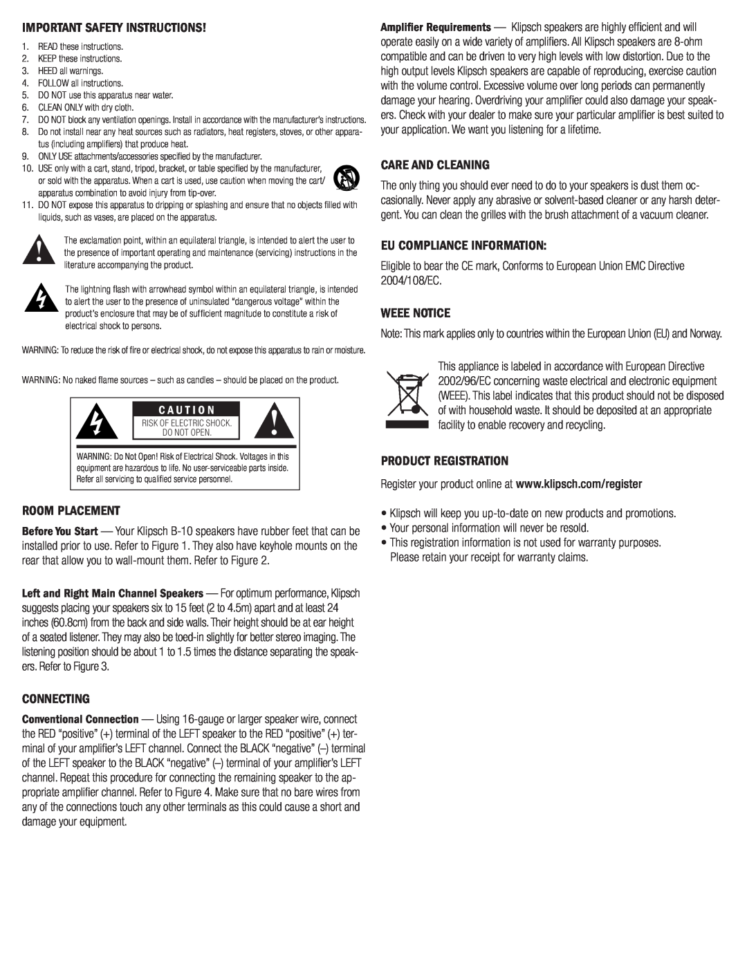 Klipsch B-10 Important Safety Instructions, Room Placement, Connecting, Care And Cleaning, Eu Compliance Information 