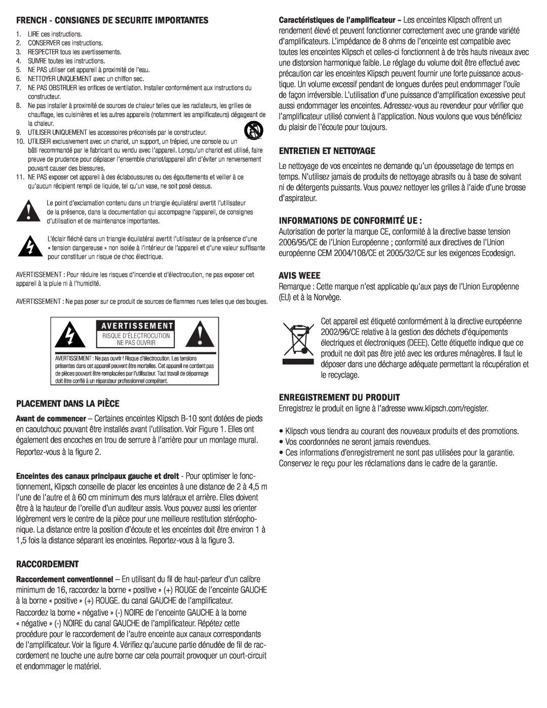 Klipsch B-10 French - Consignes De Securite Importantes, Entretien Et Nettoyage, Informations De Conformité Ue, Avis Weee 