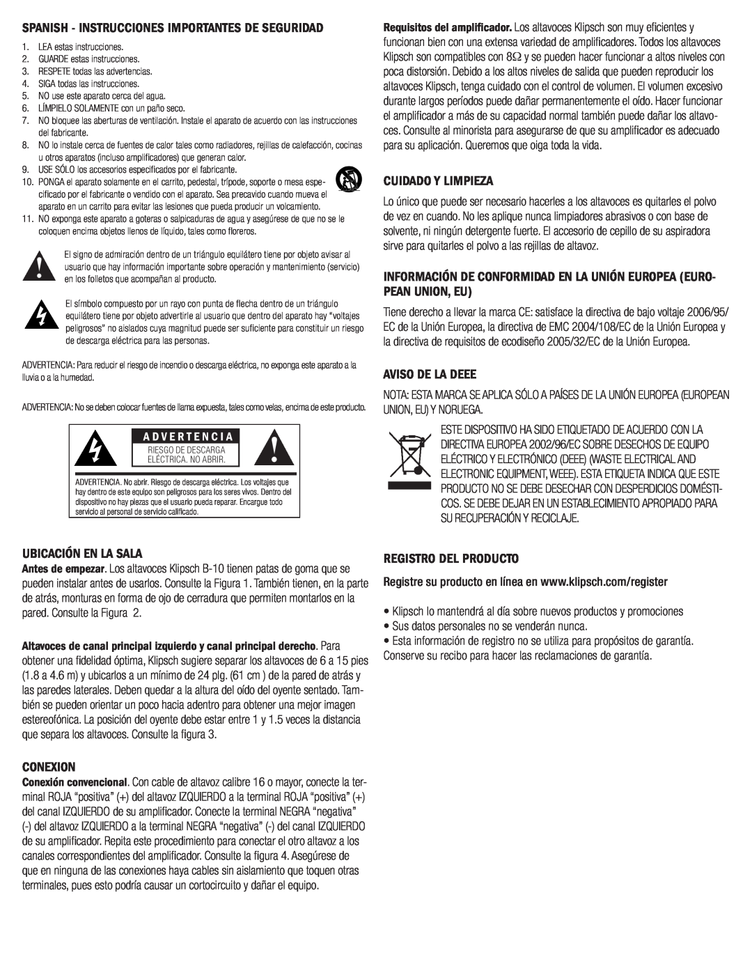 Klipsch B-10 owner manual Cuidado Y Limpieza, Aviso De La Deee, Ubicación En La Sala, Conexion, Registro Del Producto 