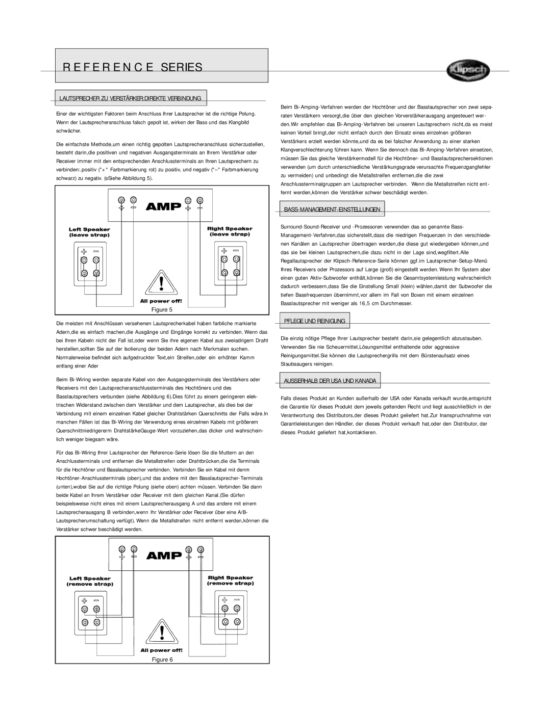 Klipsch Bookshelf Speaker owner manual Lautsprecher ZU Verstärkerdirekte Verbindung, Bass-Management-Einstellungen 