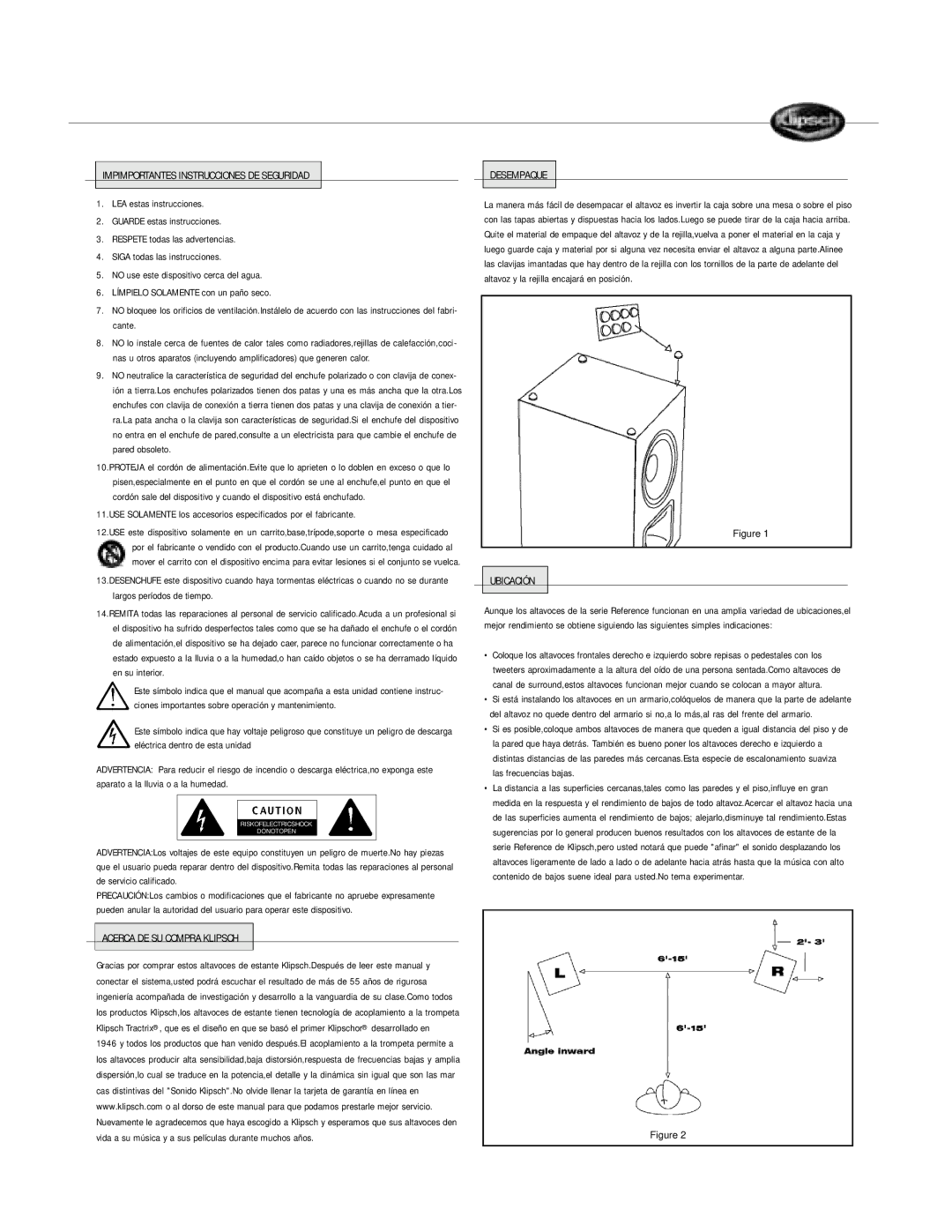 Klipsch Bookshelf Speaker Impimportantes Instrucciones DE Seguridad, Acerca DE SU Compra Klipsch, Desempaque, Ubicación 