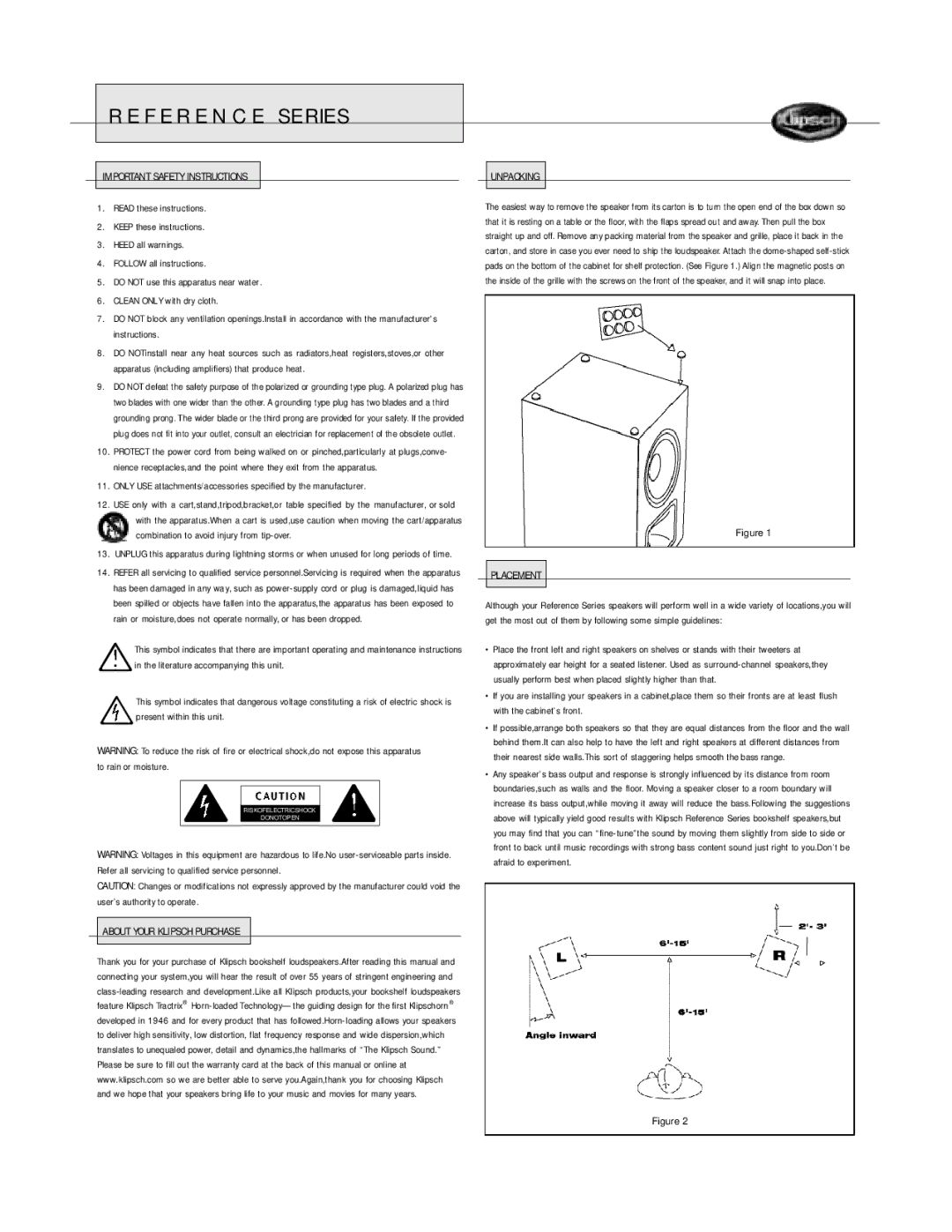 Klipsch Bookshelf Speaker owner manual Important Safety Instructions, Unpacking, Placement, About Your Klipsch Purchase 