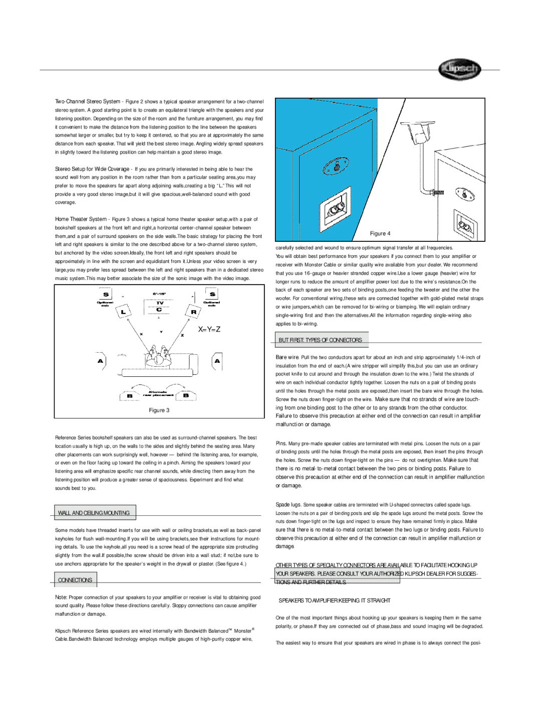 Klipsch Bookshelf Speaker owner manual Wall and Ceiling Mounting, Connections, But First Types of Connectors 