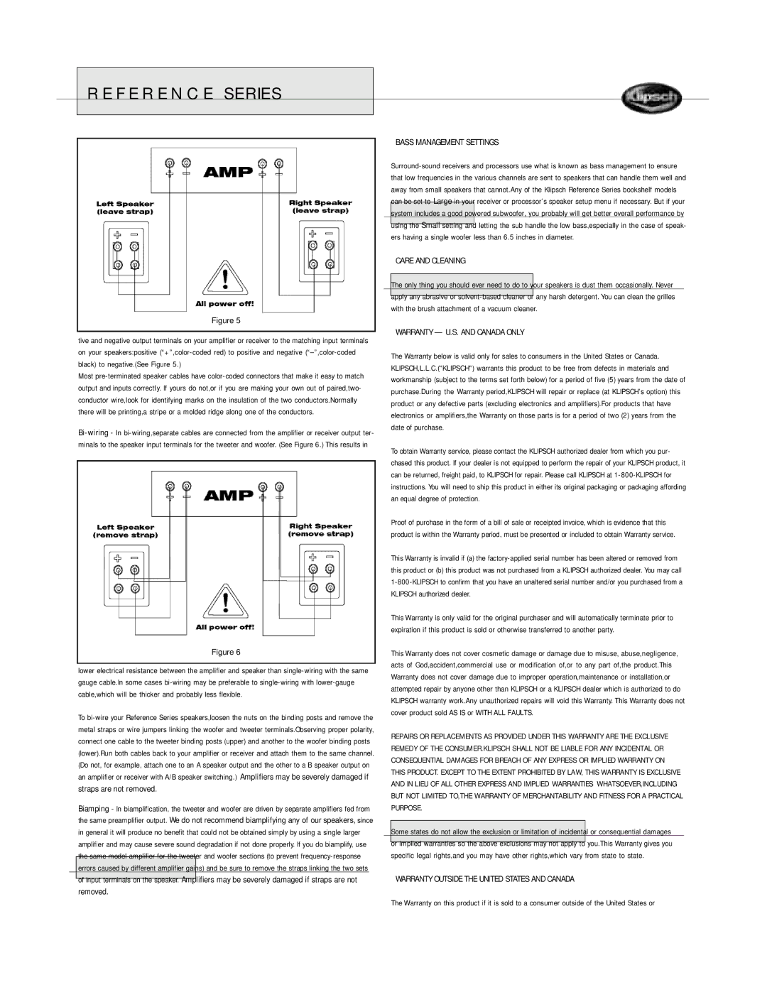 Klipsch Bookshelf Speaker owner manual Bass Management Settings, Care and Cleaning, Warranty U.S. and Canada only 