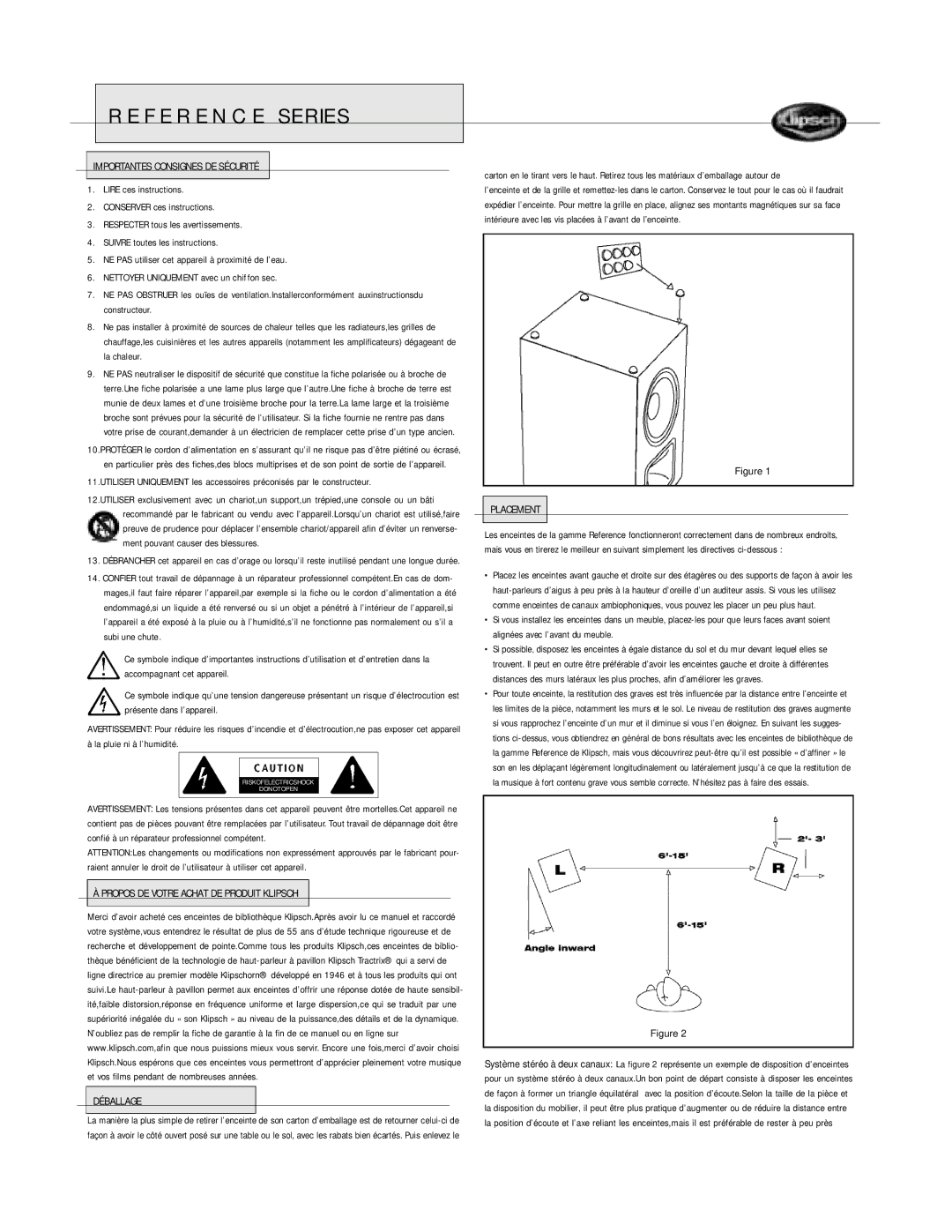 Klipsch Bookshelf Speaker Importantes Consignes DE Sécurité, Propos DE Votre Achat DE Produit Klipsch Déballage 