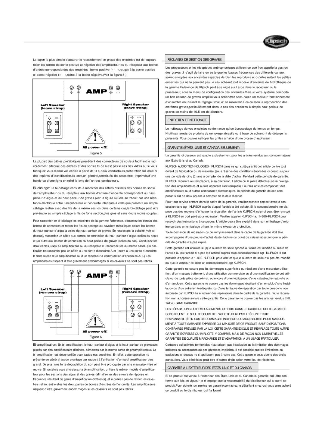 Klipsch Bookshelf Speaker Réglages DE Gestion DES Graves, Entretien ET Nettoyage, Garantie ÉTATS-UNIS ET Canada Seulement 