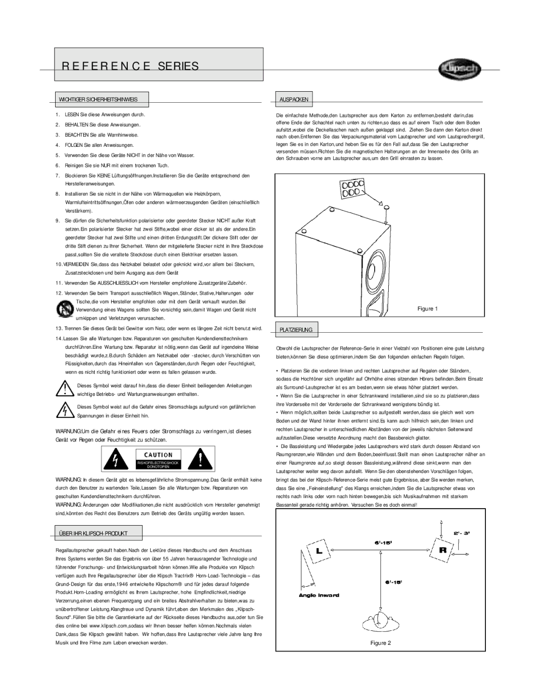 Klipsch Bookshelf Speaker owner manual Wichtiger Sicherheitshinweis, Über IHR KLIPSCH-PRODUKT Auspacken, Platzierung 