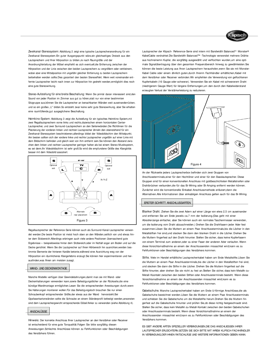 Klipsch Bookshelf Speaker owner manual WAND- UND Deckenmontage, Anschlüsse, Erster Schritt Anschlussarten 