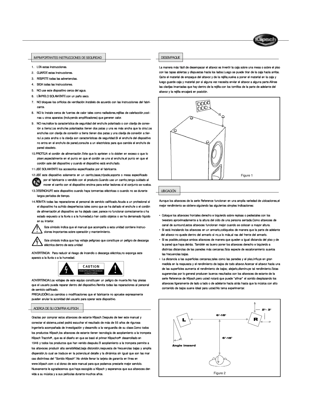 Klipsch Bookshelf Speaker owner manual Impimportantes Instrucciones De Seguridad 