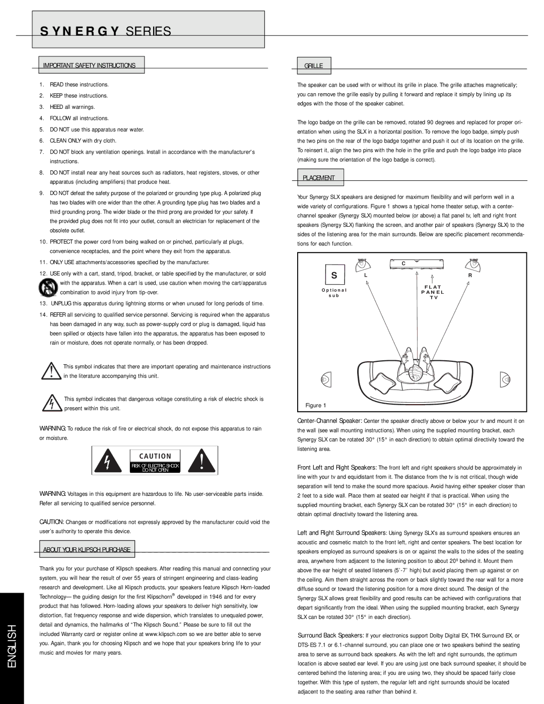 Klipsch Car Speaker manual Important Safety Instructions, About Your Klipsch Purchase Grille, Placement 