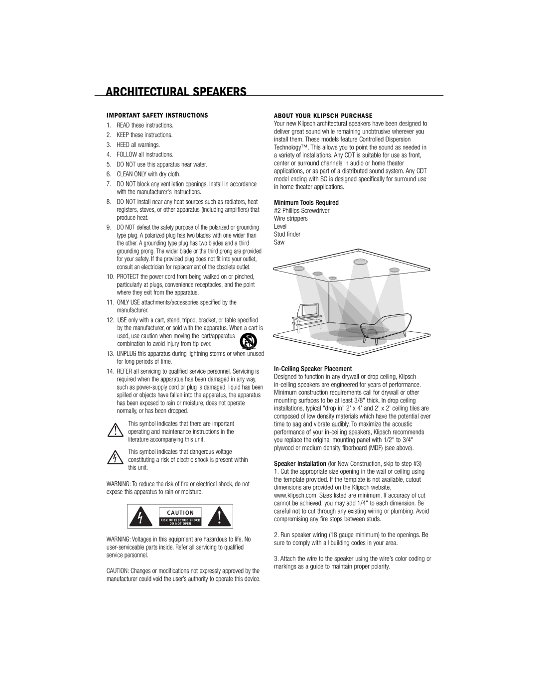 Klipsch CDT ARCHITECTURAL Important Safety Instructions, About Your Klipsch Purchase, Level, In-Ceiling Speaker Placement 