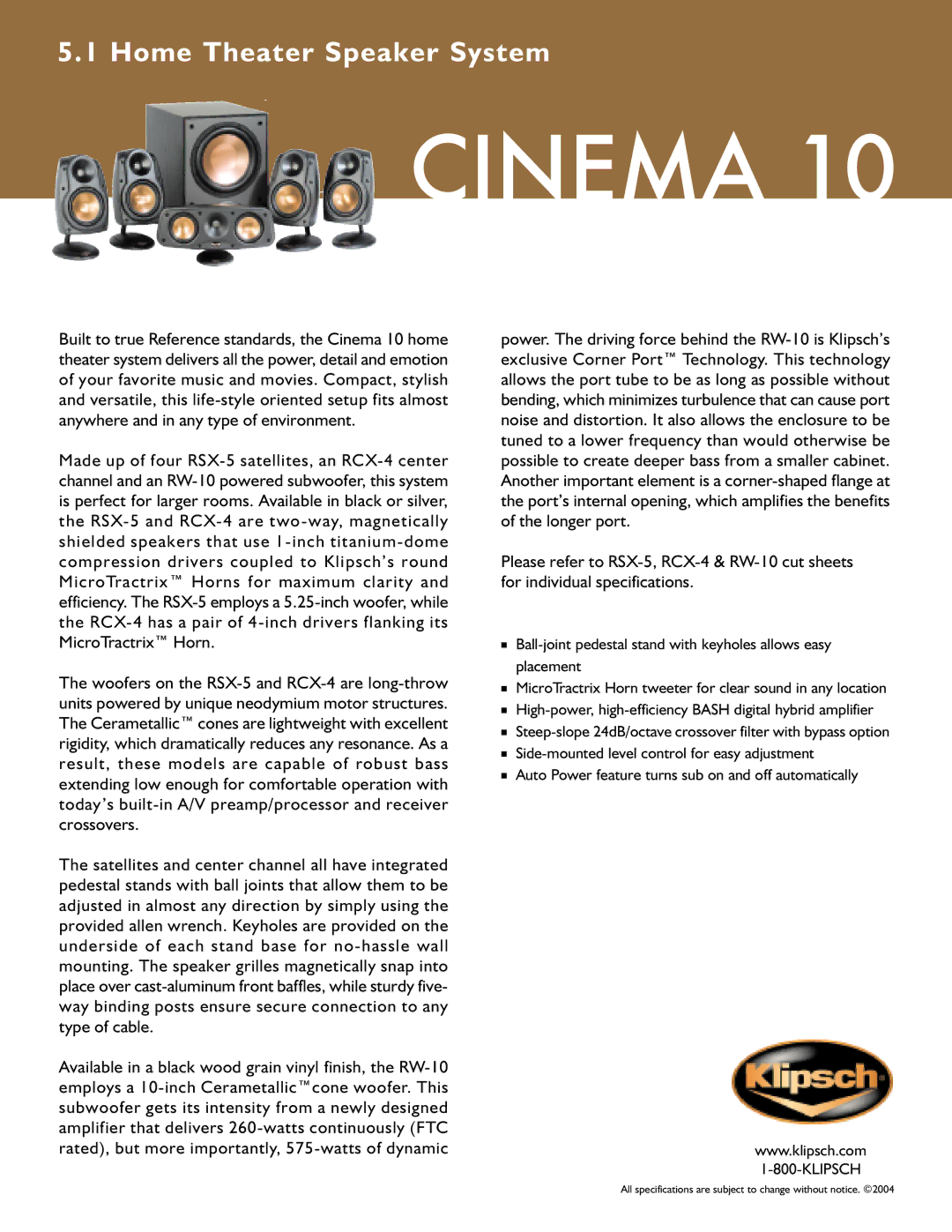 Klipsch CINEMA 10 specifications Cinema 