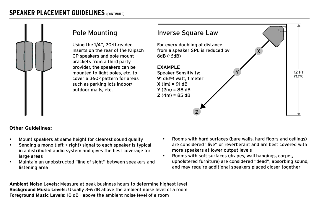 Klipsch CP-T owner manual Pole Mounting, Inverse Square Law 