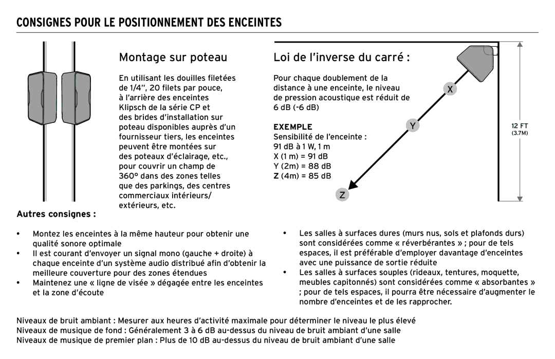 Klipsch CP-T owner manual Montage sur poteau, Loi de l’inverse du carré 