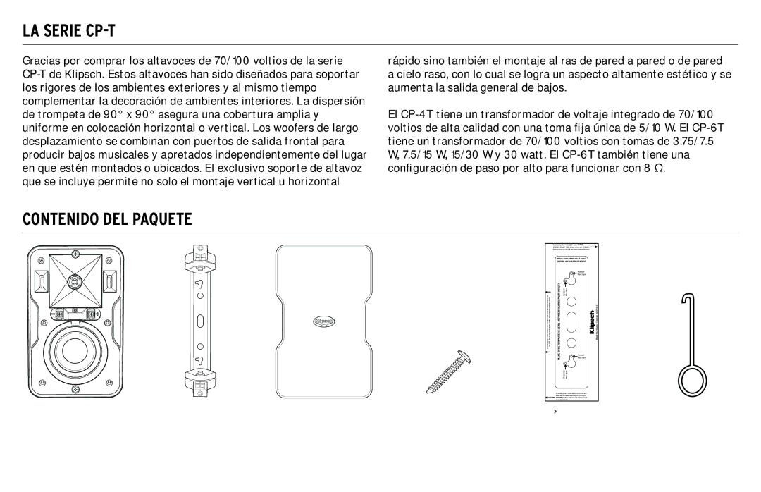 Klipsch owner manual LA Serie CP-T, Contenido DEL Paquete 