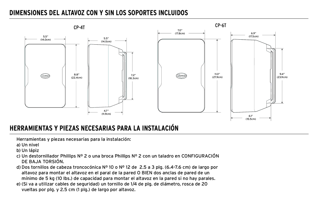 Klipsch CP-T owner manual Dimensiones DEL Altavoz CON Y SIN LOS Soportes Incluidos 