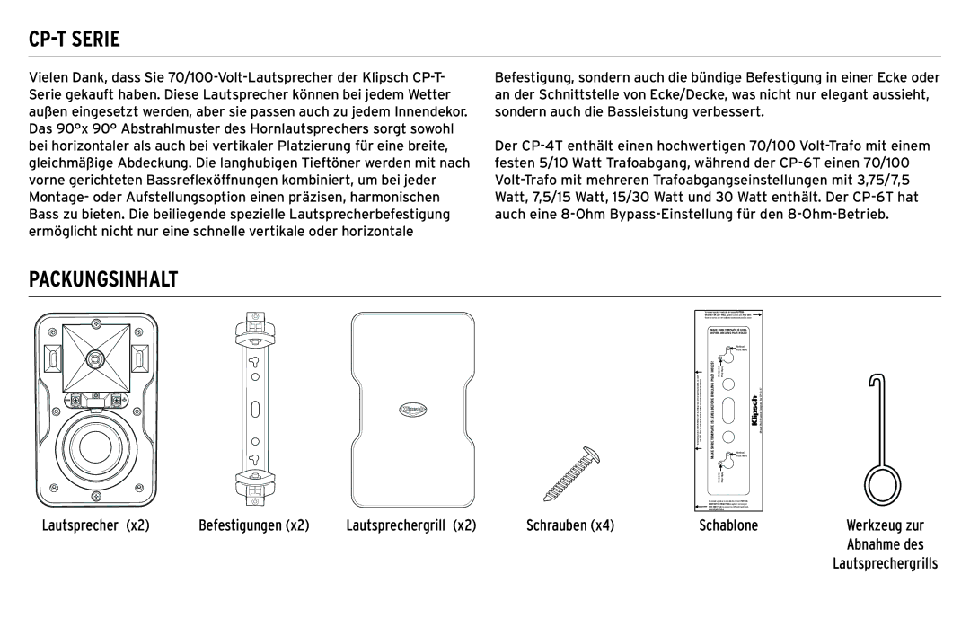 Klipsch owner manual CP-T Serie, Packungsinhalt 