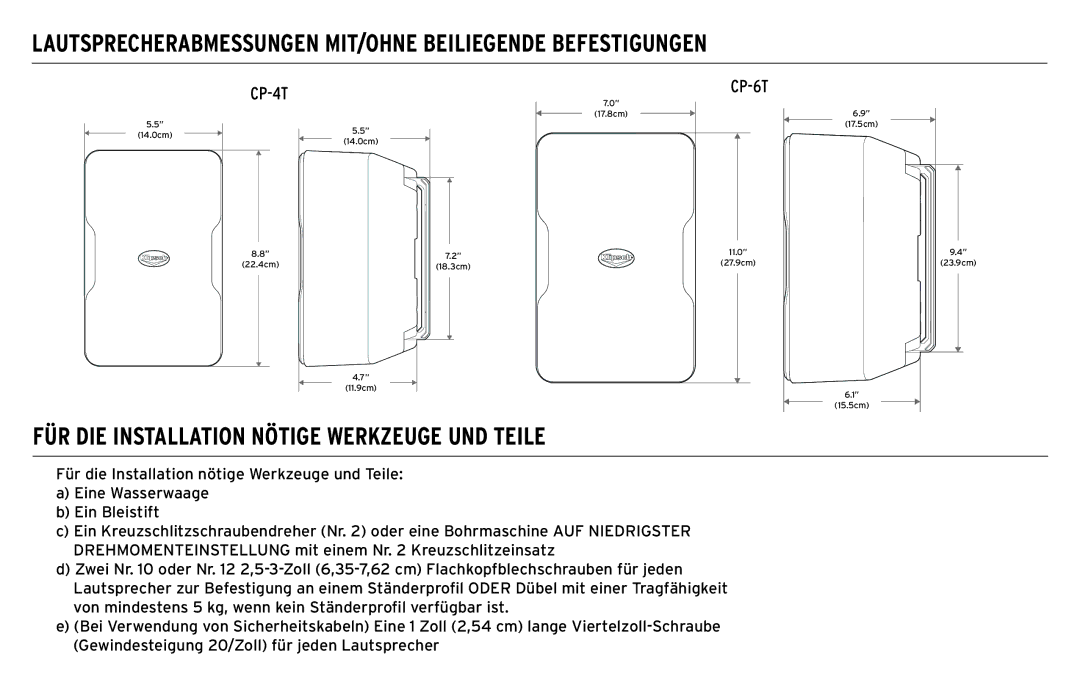 Klipsch CP-T Lautsprecherabmessungen MIT/OHNE Beiliegende Befestigungen, FÜR DIE Installation Nötige Werkzeuge UND Teile 