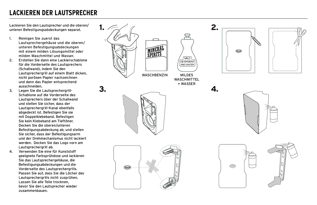 Klipsch CP-T owner manual Lackieren DER Lautsprecher, Waschbenzin Mildes Waschmittel 