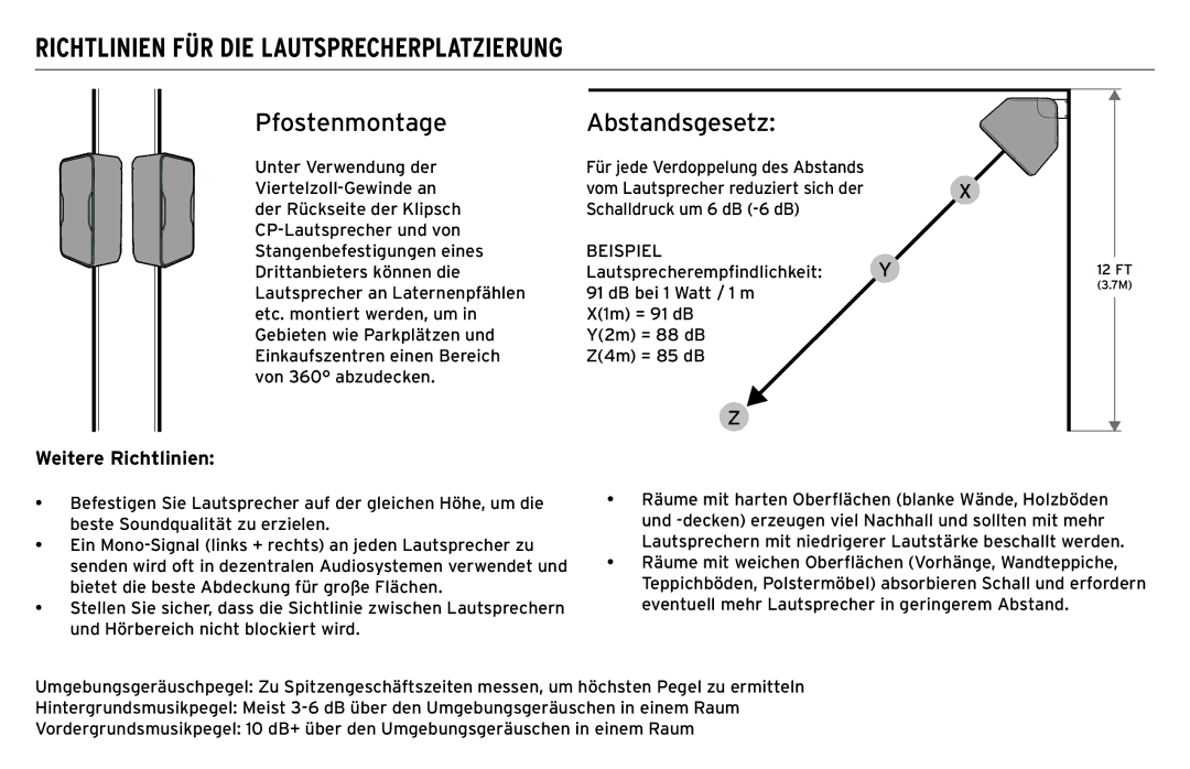 Klipsch CP-T owner manual Pfostenmontage, Abstandsgesetz 