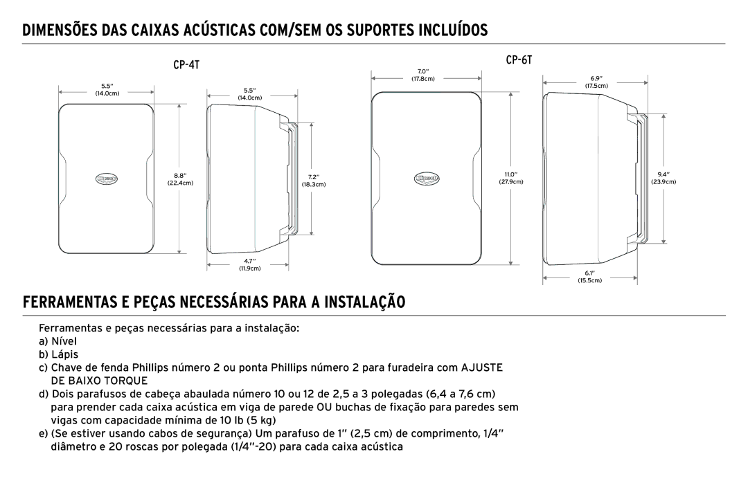 Klipsch CP-T owner manual Dimensões DAS Caixas Acústicas COM/SEM OS Suportes Incluídos 