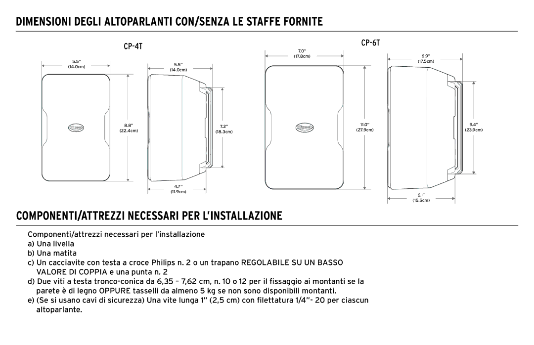 Klipsch CP-T Dimensioni Degli Altoparlanti CON/SENZA LE Staffe Fornite, COMPONENTI/ATTREZZI Necessari PER L’INSTALLAZIONE 