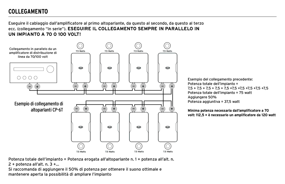 Klipsch CP-T owner manual Collegamento, UN Impianto a 70 O 100 Volt 