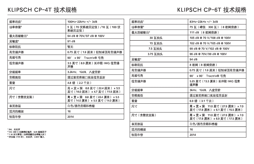 Klipsch CP-T owner manual KLIPSCH CP-4T 技术规格, KLIPSCH CP-6T 技术规格 