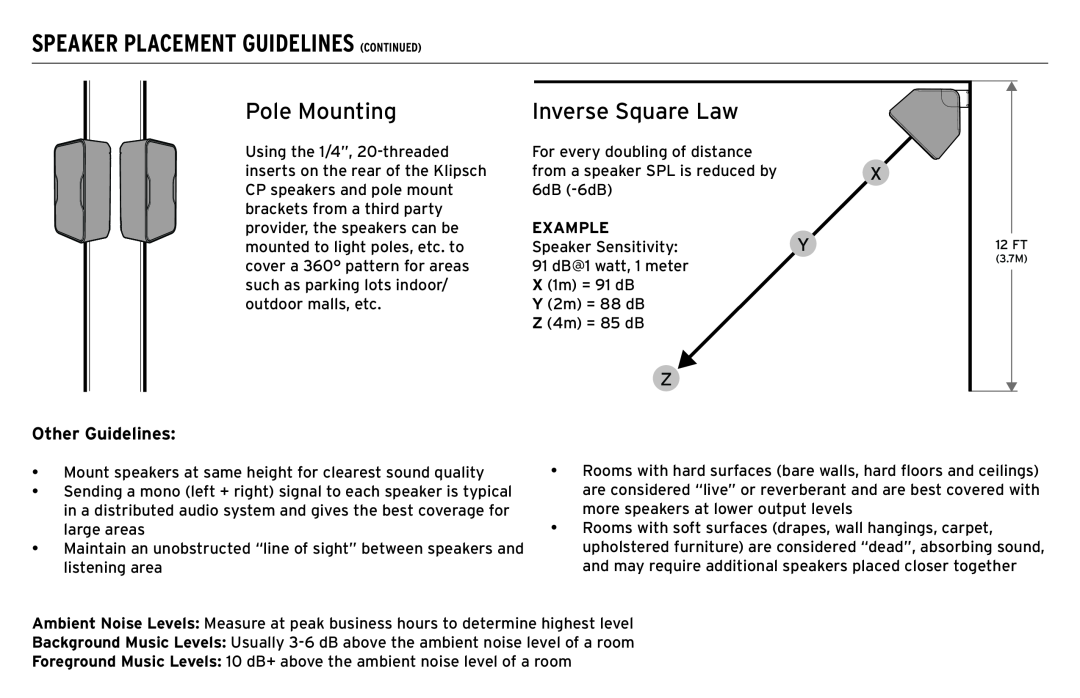 Klipsch CP-T Speaker Placement Guidelines Continued, Pole Mounting, Inverse Square Law, Other Guidelines, Example 