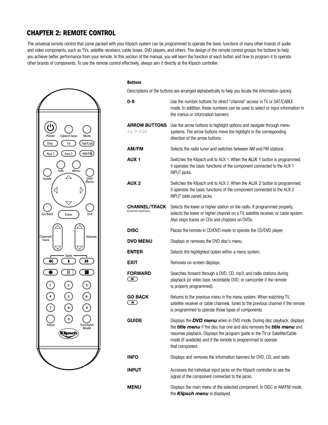 Klipsch CS-700 owner manual Remote control 