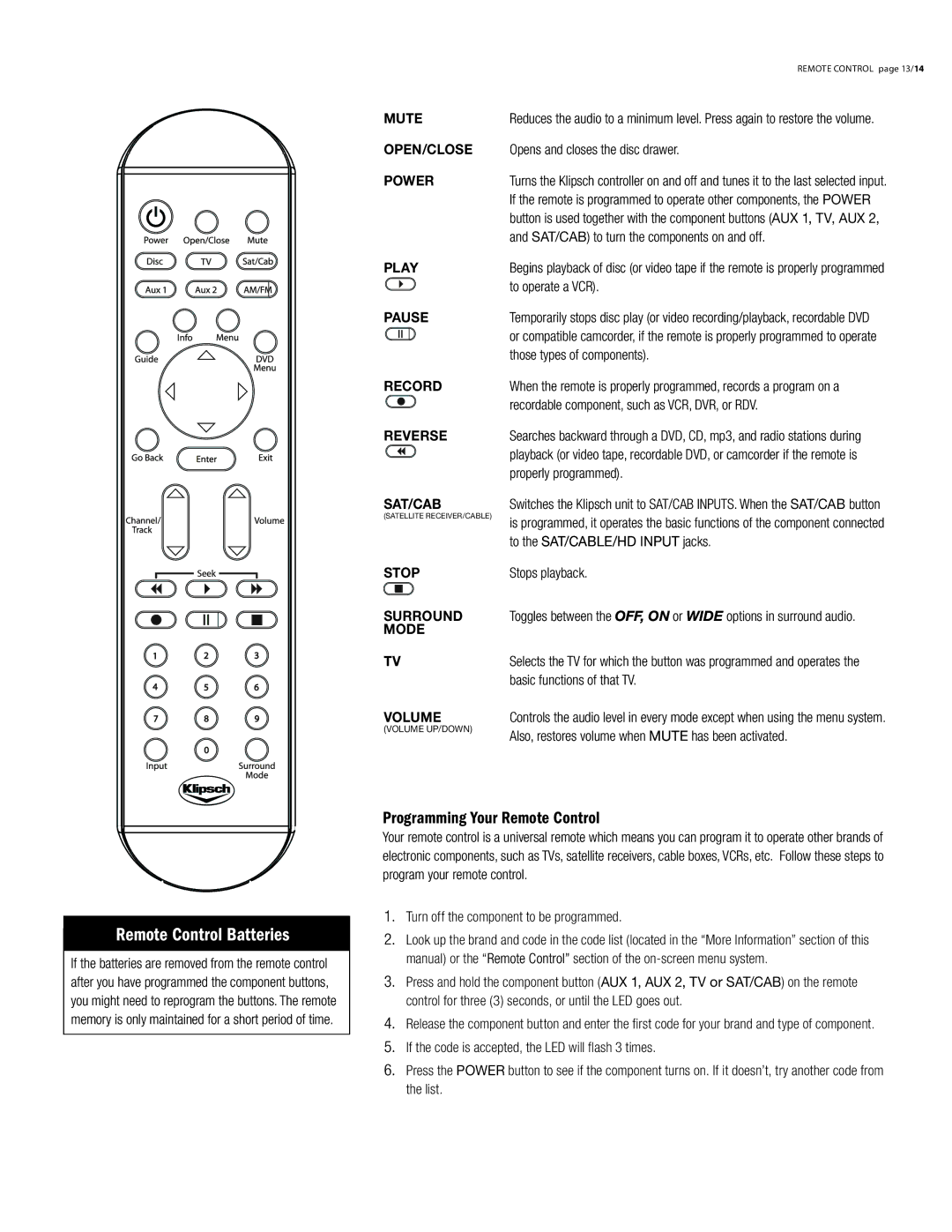 Klipsch CS-700 owner manual Programming Your Remote Control 